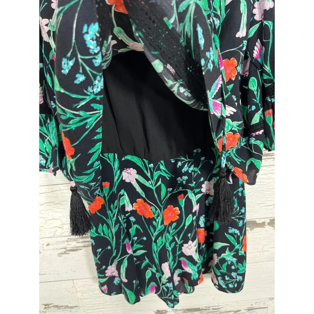 KATE SPADE  Jardin Crepe Romper Black with Floral Hummingbird Print Size 0 NWOT